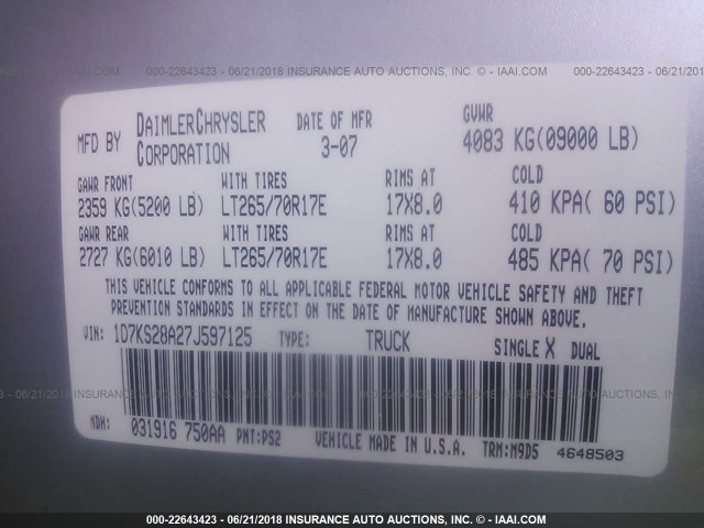 1D7KS28A27J597125 - 2007 DODGE RAM 2500 ST/SLT 银色 照片 9