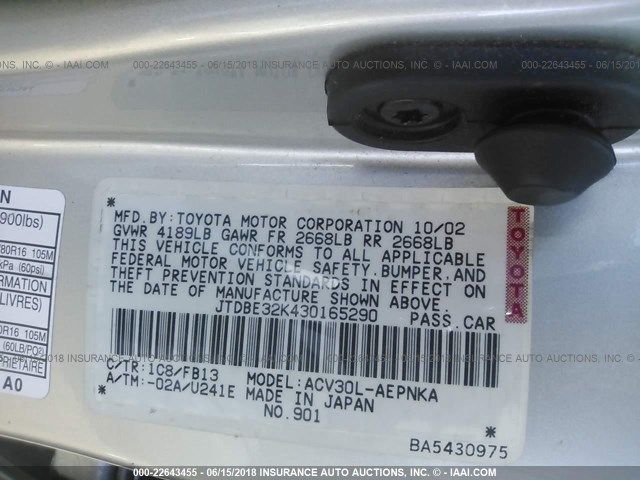 JTDBE32K430165290 - 2003 TOYOTA CAMRY LE/XLE SILVER photo 9