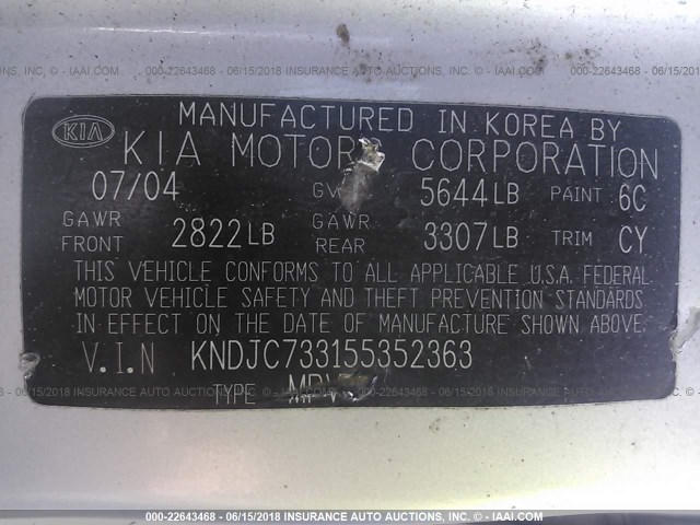 KNDJC733155352363 - 2005 KIA SORENTO EX/LX SILVER photo 9