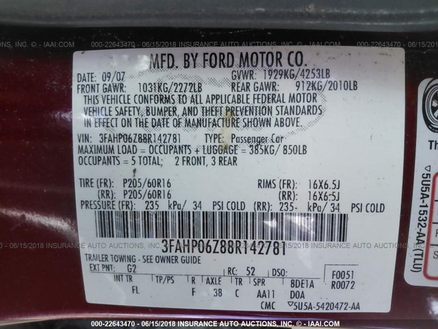 3FAHP06Z88R142781 - 2008 FORD FUSION S RED photo 9