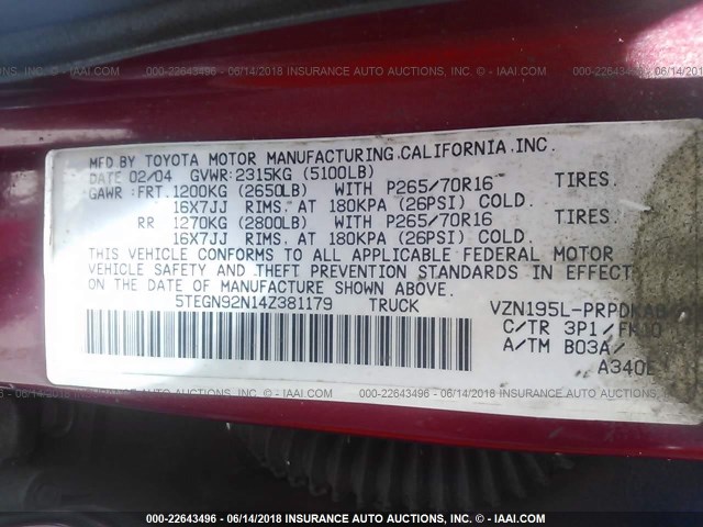 5TEGN92N14Z381179 - 2004 TOYOTA TACOMA DOUBLE CAB PRERUNNER RED photo 9