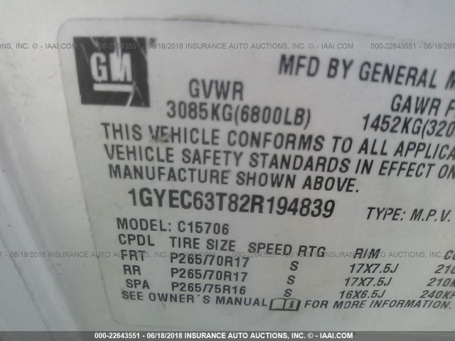 1GYEC63T82R194839 - 2002 CADILLAC ESCALADE LUXURY Ağ foto 9