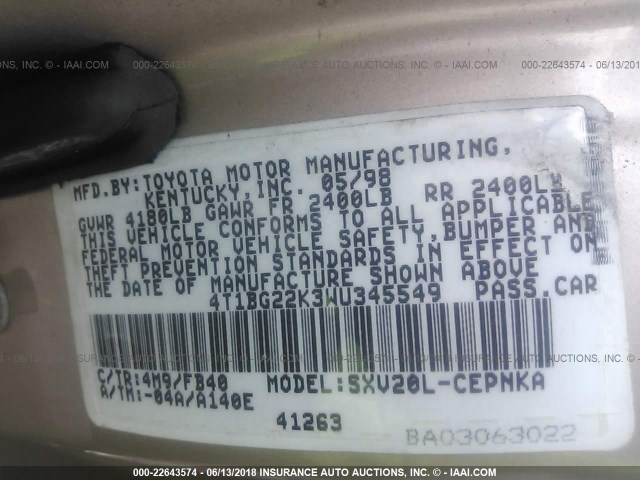 4T1BG22K3WU345549 - 1998 TOYOTA CAMRY CE/LE/XLE GOLD photo 9
