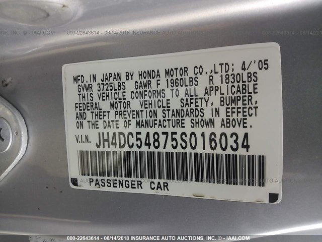 JH4DC54875S016034 - 2005 ACURA RSX SILVER photo 9