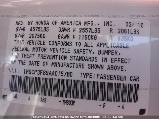 1HGCP3F89AA015780 - 2010 HONDA ACCORD EXL WHITE photo 9