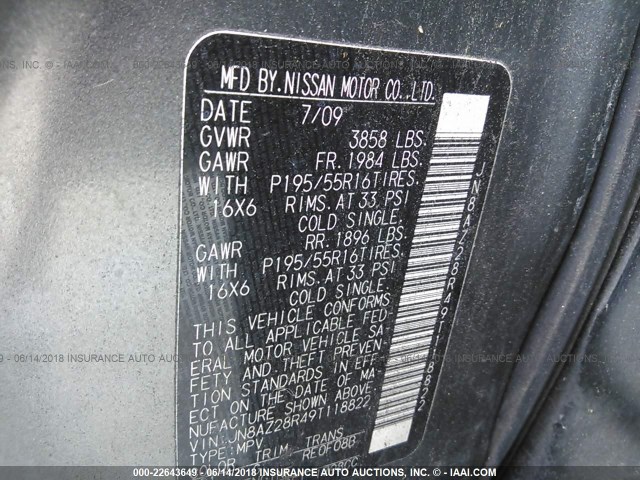 JN8AZ28R49T118822 - 2009 NISSAN CUBE S/SL GRAY photo 9