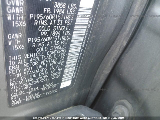 JN8AZ28RX9T113088 - 2009 NISSAN CUBE S/SL GRAY photo 9