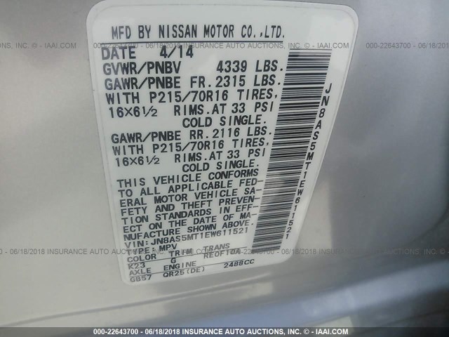 JN8AS5MT1EW611521 - 2014 NISSAN ROGUE SELECT S SILVER photo 9