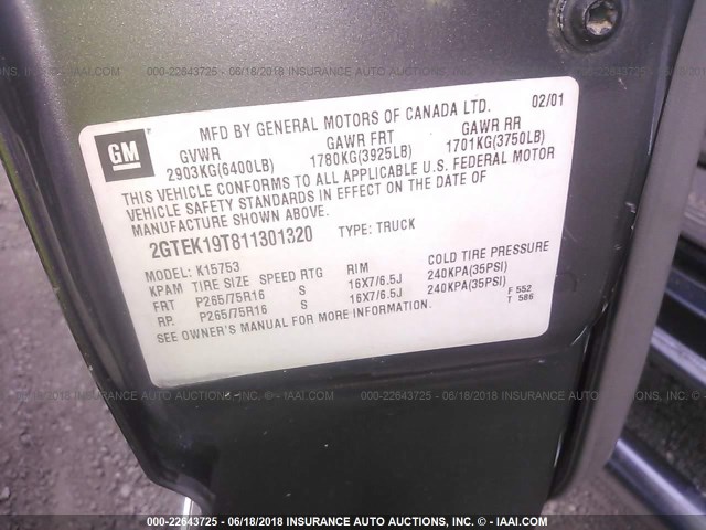 2GTEK19T811301320 - 2001 GMC NEW SIERRA K1500 GRAY photo 9