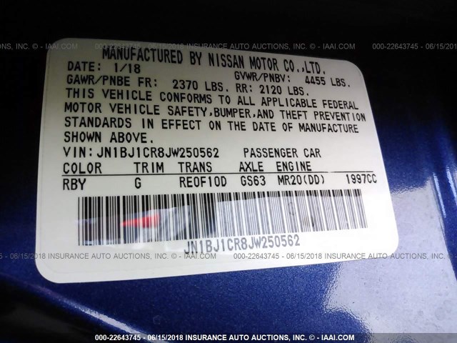 JN1BJ1CR8JW250562 - 2018 NISSAN ROGUE BLUE photo 9