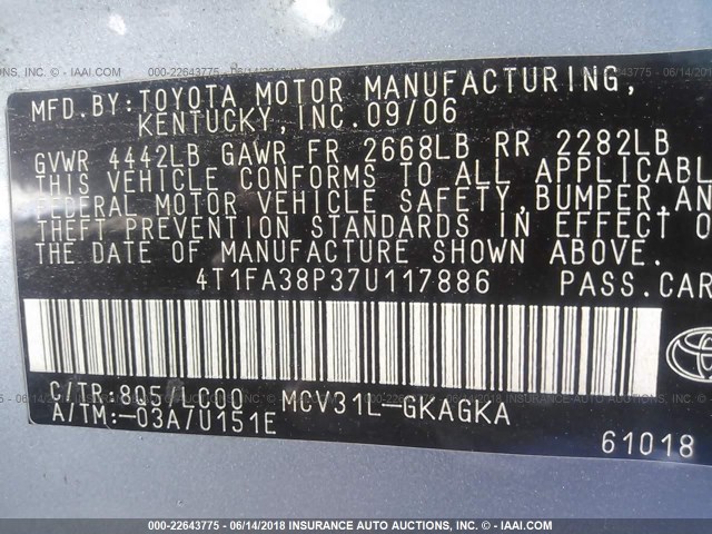 4T1FA38P37U117886 - 2007 TOYOTA CAMRY SOLARA SE/SLE ღია ლურჯი ფოტო 9