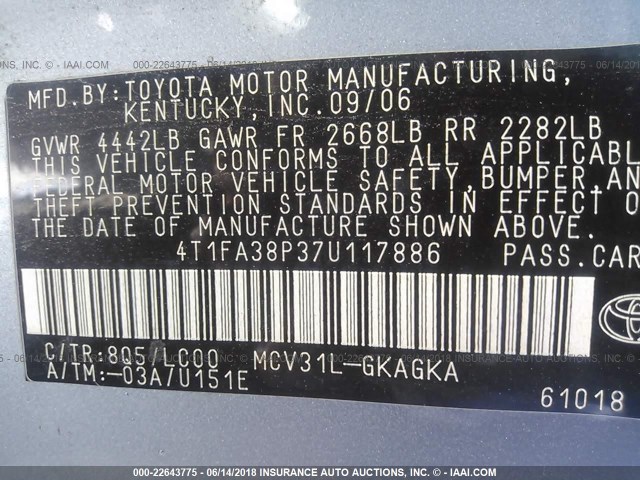 4T1FA38P37U117886 - 2007 TOYOTA CAMRY SOLARA SE/SLE Light Blue photo 9