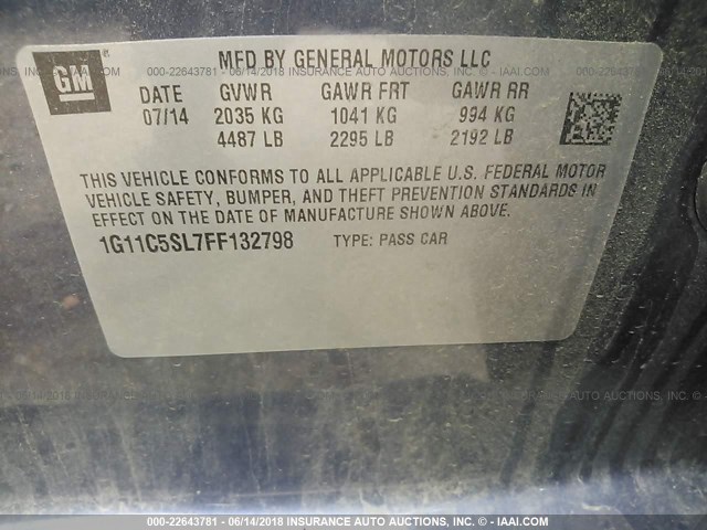 1G11C5SL7FF132798 - 2015 CHEVROLET MALIBU 1LT 灰色 照片 9