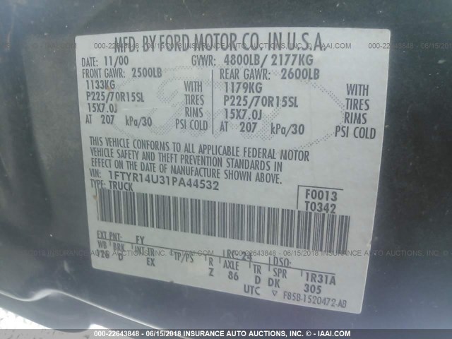 1FTYR14U31PA44532 - 2001 FORD RANGER SUPER CAB 绿色 照片 9