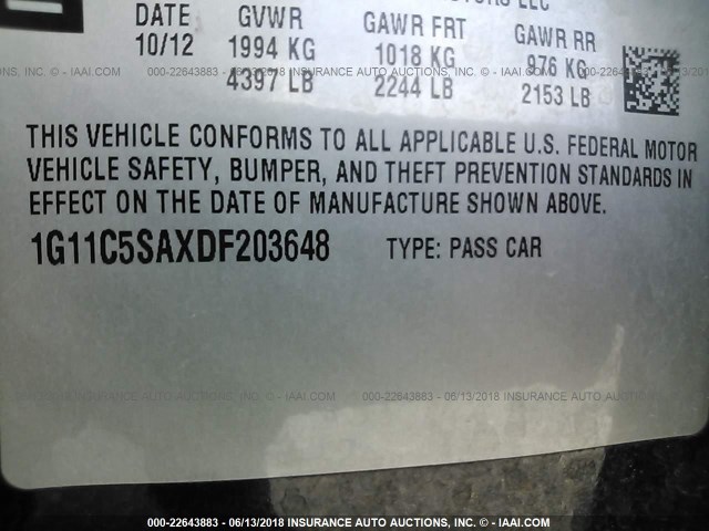 1G11C5SAXDF203648 - 2013 CHEVROLET MALIBU 1LT 黑色 照片 9