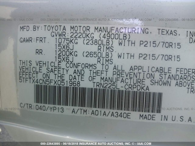 5TFTX4CN5FX051968 - 2015 TOYOTA TACOMA ACCESS CAB Weiß Foto 9