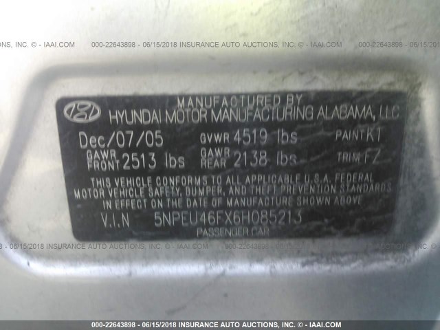 5NPEU46FX6H085213 - 2006 HYUNDAI SONATA GLS/LX SILVER photo 9