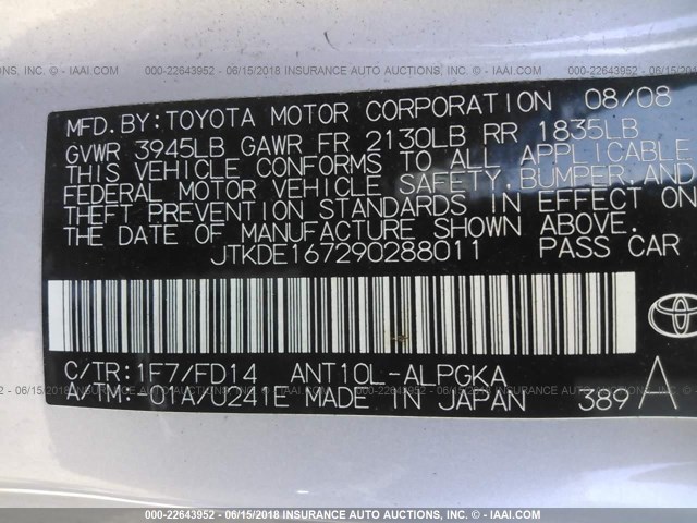 JTKDE167290288011 - 2009 TOYOTA SCION TC 银色 照片 9
