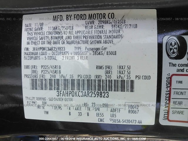 3FAHP0KC3AR259823 - 2010 FORD FUSION SPORT BLACK photo 9