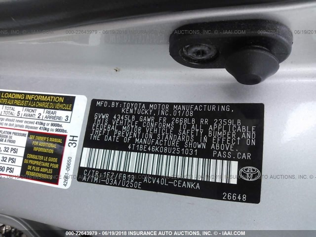 4T1BE46K08U251031 - 2008 TOYOTA CAMRY CE/LE/XLE/SE SILVER photo 9