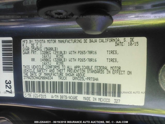 3TMAZ5CN4GM004834 - 2016 TOYOTA TACOMA DBL CAB/SR5/TRD SPORT/OR GRAY photo 9