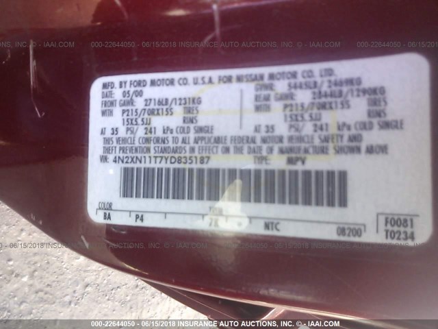 4N2XN11T7YD835187 - 2000 NISSAN QUEST SE/GLE/GXE RED photo 9