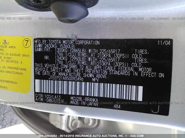 JTEEP21A850092496 - 2005 TOYOTA HIGHLANDER LIMITED SILVER photo 9