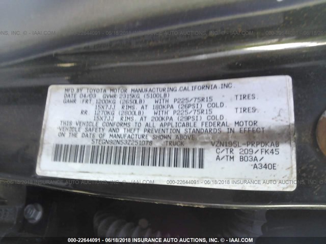 5TEGN92N53Z251078 - 2003 TOYOTA TACOMA DOUBLE CAB PRERUNNER BLACK photo 9