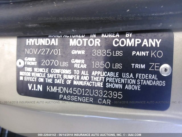 KMHDN45D12U332395 - 2002 HYUNDAI ELANTRA GLS/GT BEIGE photo 9