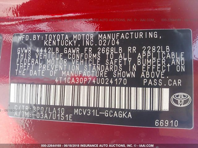 4T1CA30P74U024170 - 2004 TOYOTA CAMRY SOLARA SE/SLE წითელი ფოტო 9