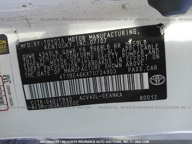 4T1BE46KX7U724903 - 2007 TOYOTA CAMRY NEW GENERAT CE/LE/XLE/SE WHITE photo 9