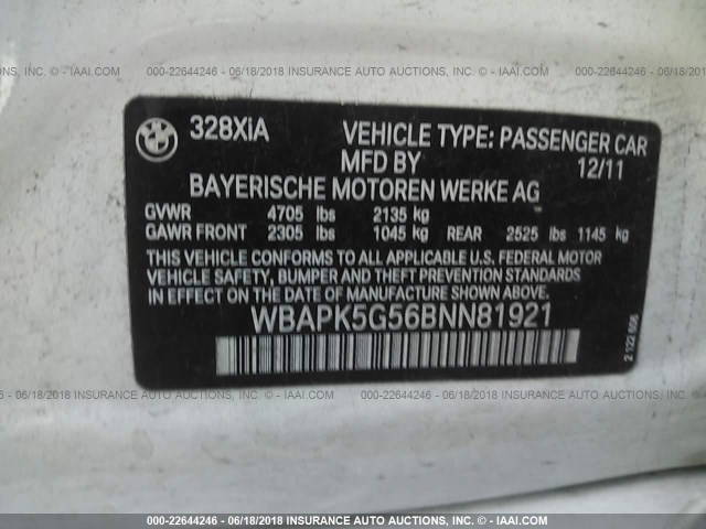 WBAPK5G56BNN81921 - 2011 BMW 328 XI SULEV WHITE photo 9
