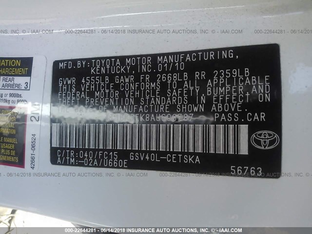 4T1BK3EK8AU608787 - 2010 TOYOTA CAMRY SE/LE/XLE WHITE photo 9