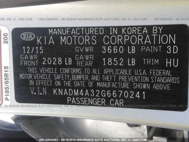 KNADM4A32G6670241 - 2016 KIA RIO LX SILVER photo 9