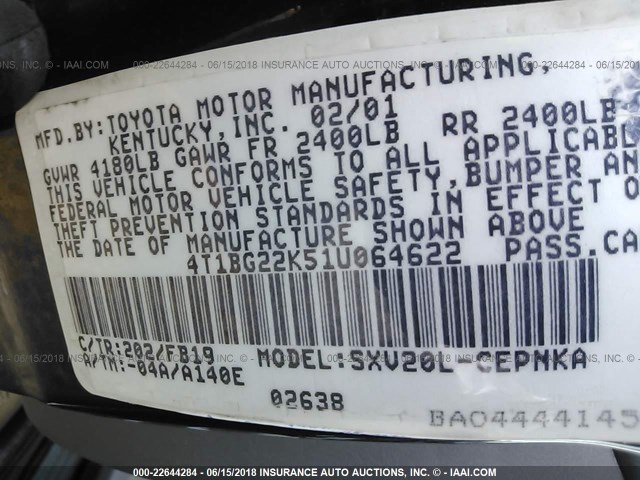 4T1BG22K51U064622 - 2001 TOYOTA CAMRY CE/LE/XLE 黑色 照片 9