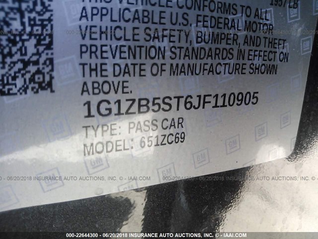 1G1ZB5ST6JF110905 - 2018 CHEVROLET MALIBU LS ნაცრისფერი ფოტო 9