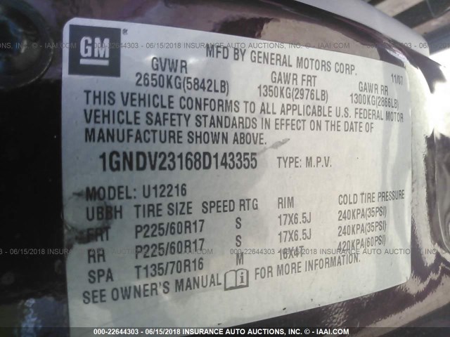 1GNDV23168D143355 - 2008 CHEVROLET UPLANDER LS MAROON photo 9