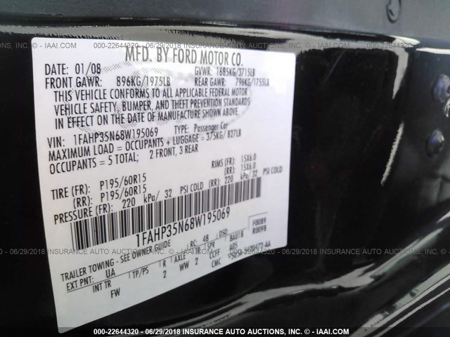 1FAHP35N68W195069 - 2008 FORD FOCUS SE/SEL/SES BLACK photo 9