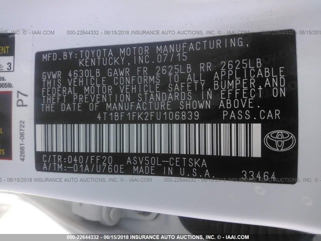 4T1BF1FK2FU106839 - 2015 TOYOTA CAMRY LE/XLE/SE/XSE WHITE photo 9