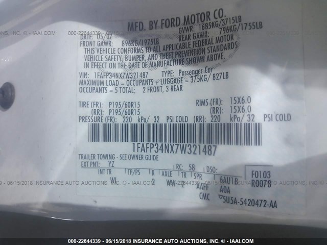 1FAFP34NX7W321487 - 2007 FORD FOCUS ZX4/S/SE/SES 白色 照片 9