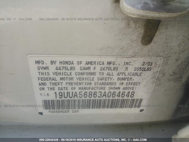 19UUA56863A064648 - 2003 ACURA 3.2TL TYPE-S WHITE photo 9