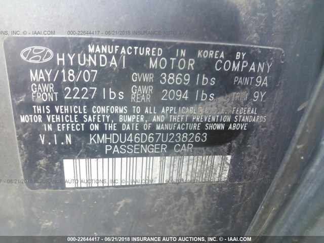 KMHDU46D67U238263 - 2007 HYUNDAI ELANTRA GLS/SE/LIMITED GRAY photo 9