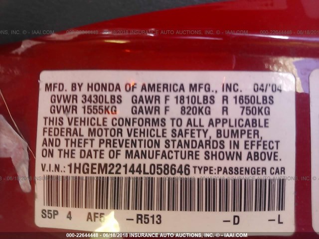 1HGEM22144L058646 - 2004 HONDA CIVIC DX VP RED photo 9