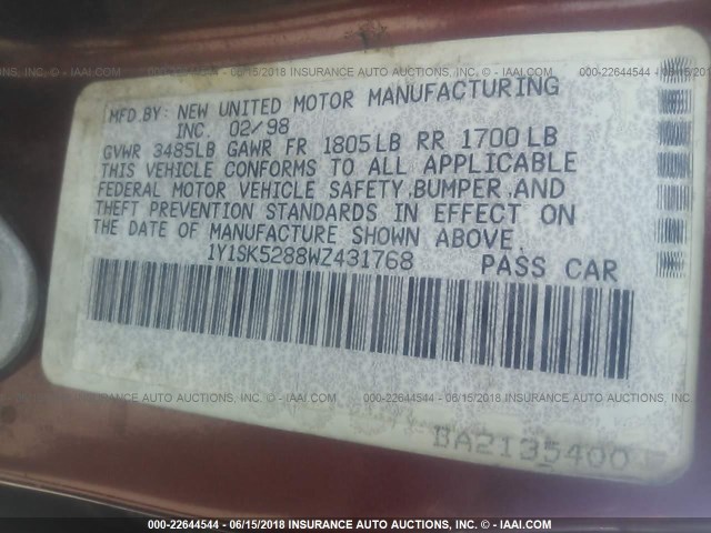 1Y1SK5288WZ431768 - 1998 CHEVROLET GEO PRIZM LSI BURGUNDY photo 9