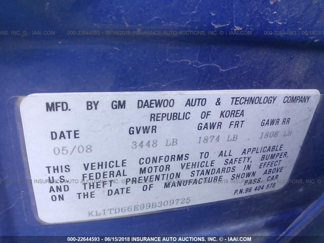 KL1TD66E99B309725 - 2009 CHEVROLET AVEO LS/LT 蓝色 照片 9