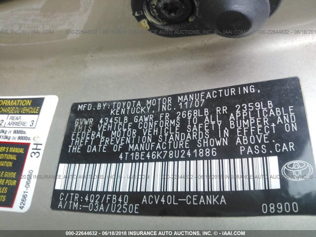 4T1BE46K78U241886 - 2008 TOYOTA CAMRY CE/LE/XLE/SE TAN photo 9