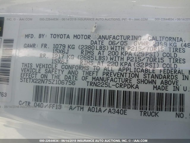 5TETX22N75Z106756 - 2005 TOYOTA TACOMA ACCESS CAB Weiß Foto 9