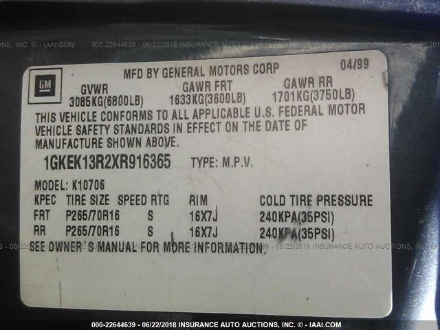 1GKEK13R2XR916365 - 1999 GMC DENALI Champagne photo 9