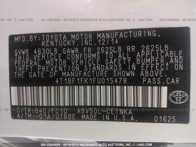 4T1BF1FK1FU015478 - 2015 TOYOTA CAMRY LE/XLE/SE/XSE WHITE photo 9