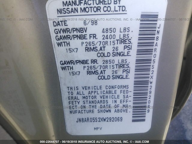 JN8AR05S2XW292069 - 1999 NISSAN PATHFINDER XE/LE GOLD photo 9